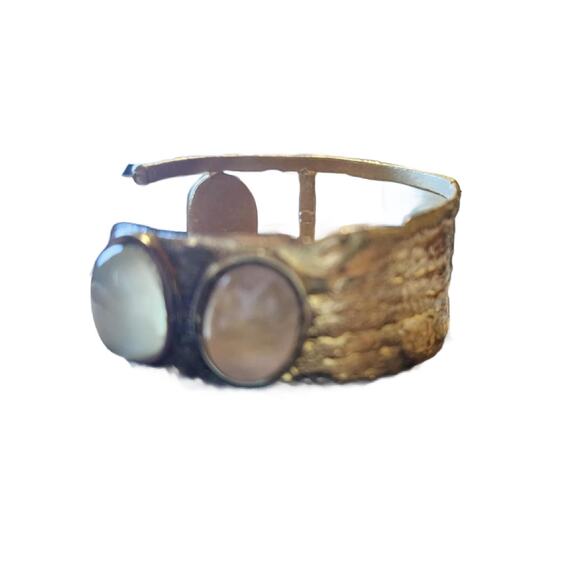 Vintage Artisan Brutalist Gold Cuff Bracelet Moonstones and Amethyst Stones - Picture 12 of 13